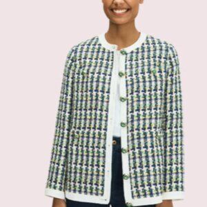 Kate Spade Pop Tweed Green Navy Cream Metallic Plaid Topper Jacket Size 10 NEW